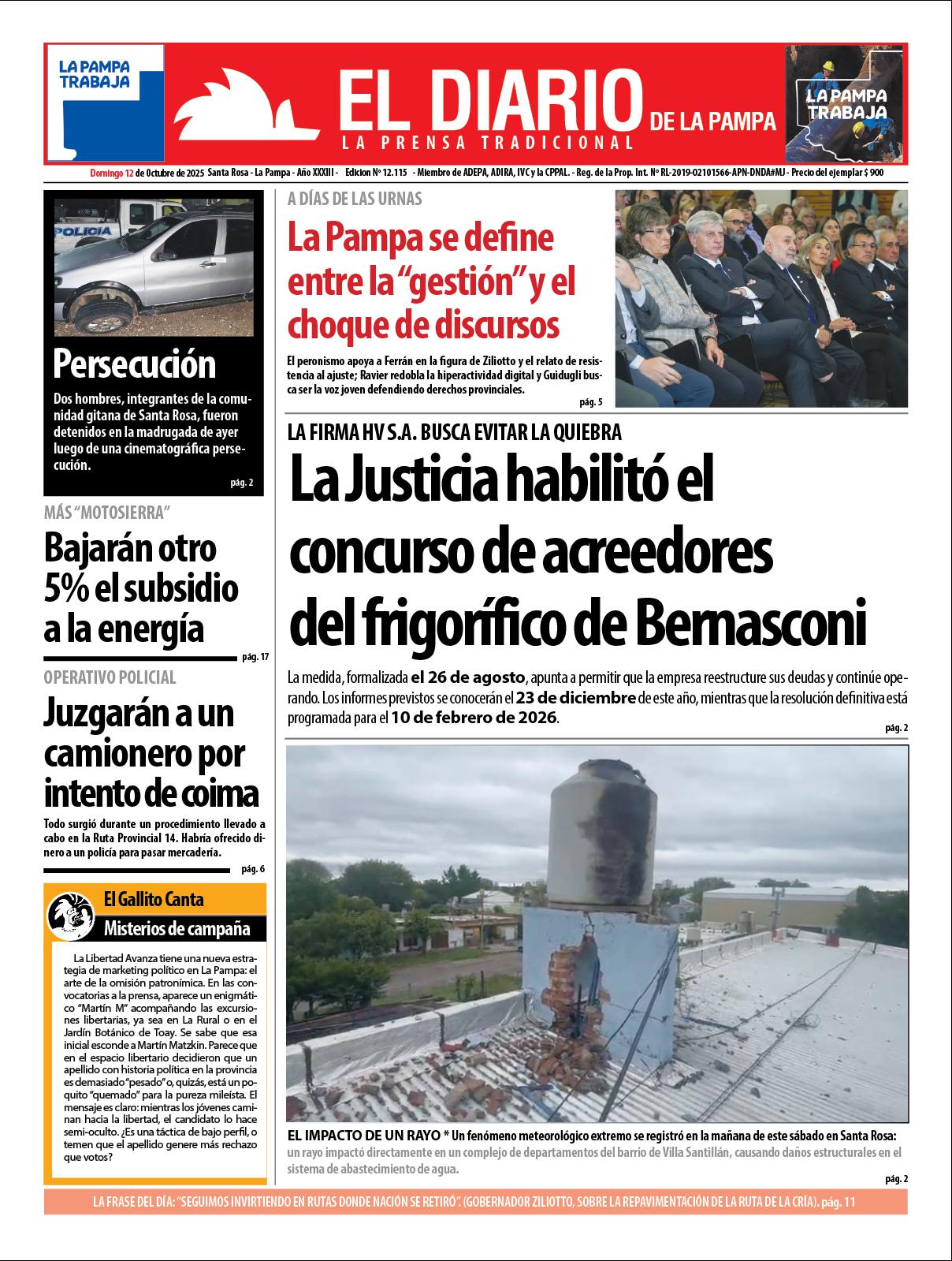 Tapa de El Diario en papel  domingo 12 de octubre de 2025